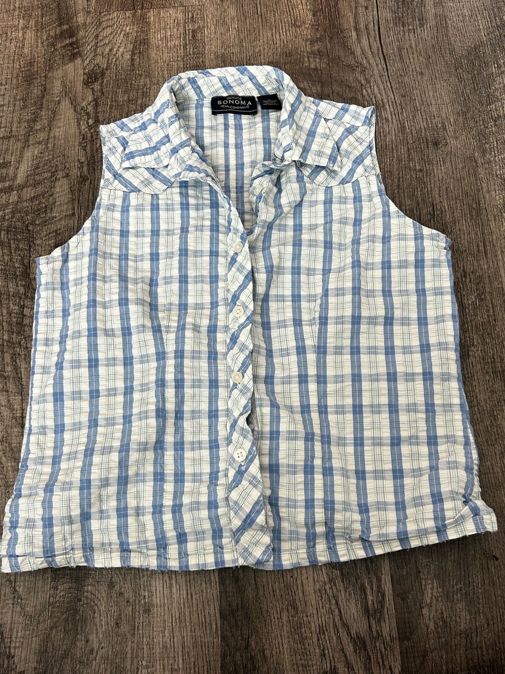 Sonoma Blue and White Plaid Sleeveless Button-Down Shirt